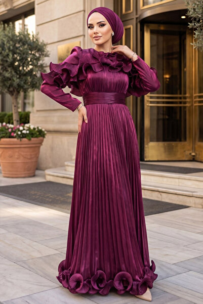 N.S NEVA STYLE Fırfır Detaylı Fuşya Tesettür Abiye Elbise 56612F