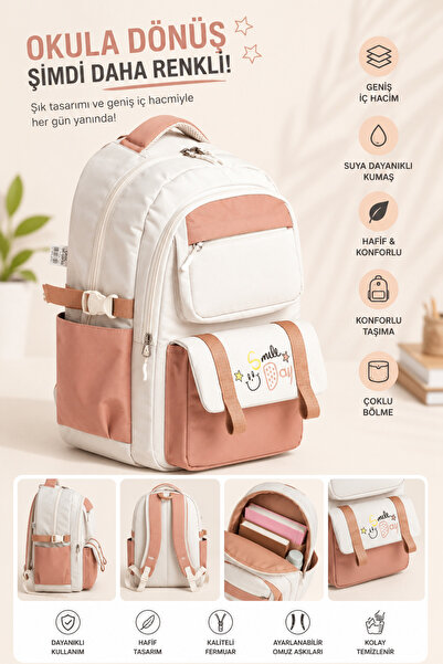 MİECZ BAGS Kore Tarzı Ergonomik Su Geçirmez Kumaş Geniş Kız Çocuk Okul Çantas...