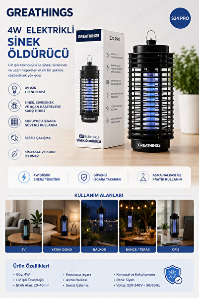 Greathings 4W LED Mavi Işıklı Sinek Öldürücü Lamba 40 m² Etkili Kokusuz Elektrikli Böcek Öldürücü Siyah - 18-1635