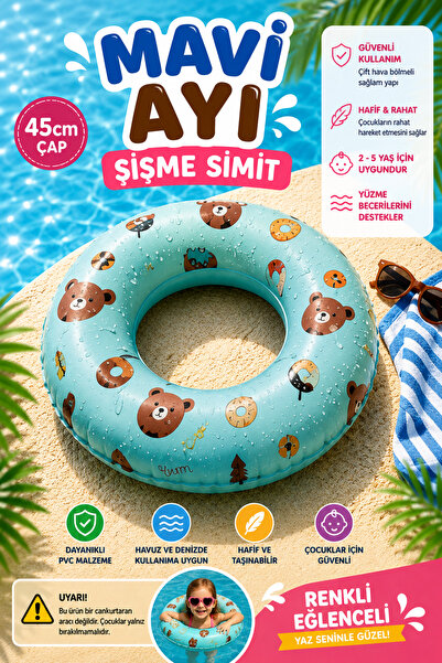 hak-iş oyuncak Mavi Ayı Desenli Şişme Simit – 45 cm