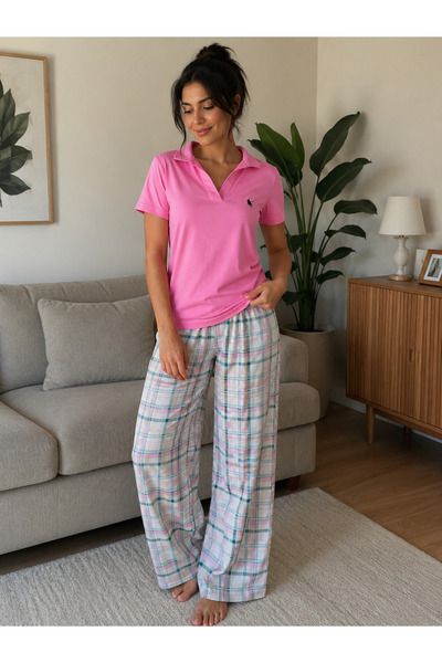 BALİS PİJAMA طقم بيجامة نسائي بياقة بولو منقوشة، ملون، أنيق، مريح، علوي ضيق، ...