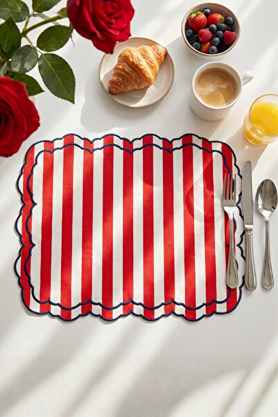 Duu Home Kırmızı Çizgili Amerikan Servisi Supla | Premium Duck Kumaş | Modern...