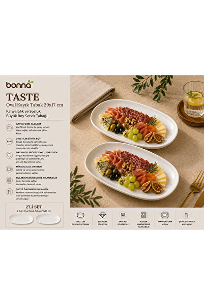 Bonnami Bonna Taste Oval Kayık Tabak 2’li Set / 29x17 cm Büyük Boy Porselen S...