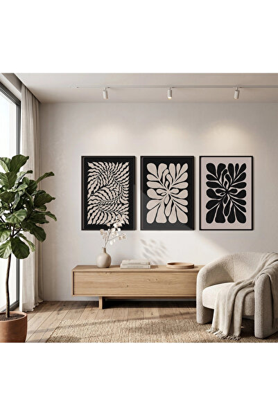 KOLAJTASARIM Set de 3 tablouri cu modele abstracte bej ondulate, înrămate în ...