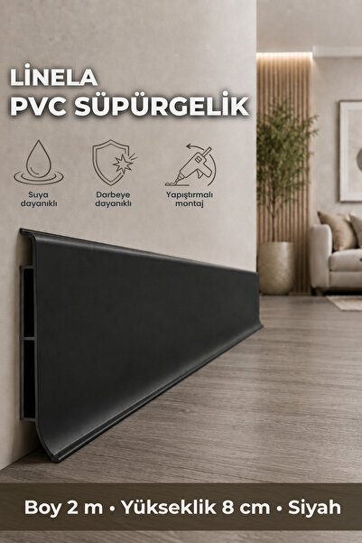 AGK Linela PVC Süpürgelik 8 cm Siyah 2 m Yapıştırmalı Suya Dayanıklı Kalın Pr...