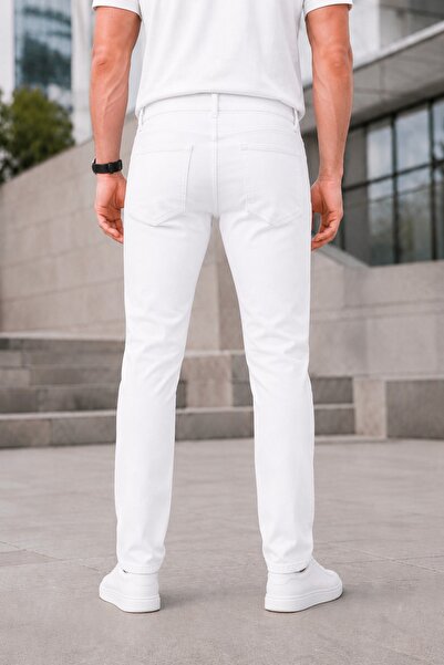 Ser Joven Men's White Jean Pants Slim Fit Lycra Narrow Leg Five Pocket Straight Denim