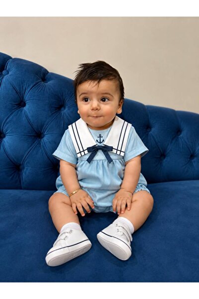 LUMİNO KİDS Bebek Unisex Denizci Yaka Yazlık Tulum Açık Mavi Pamuklu Kısa Kol...