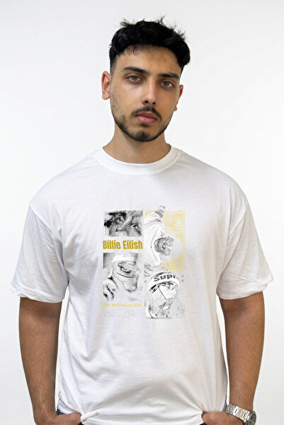 Anetos Billie Eilish_127 Design Printed Oversize White T-Shirt