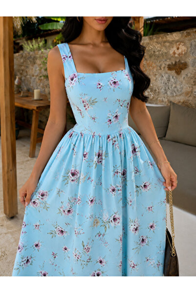 qeteen Women's Blue Floral Patterned Strappy Midi Dress – Square Neck Fitted ...