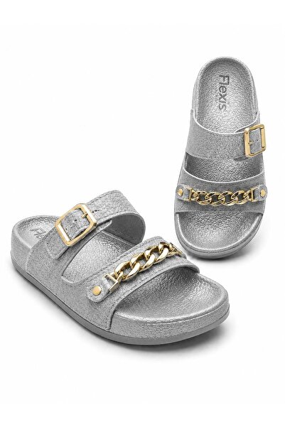 FLEXİS Women's Straw Look Double Buckle Chain Detailed Casual Slippers