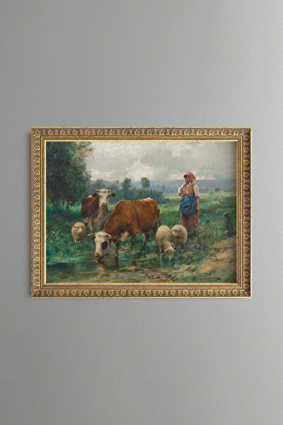 epiqart Shepherdess with Her Herd - Vintage Patterned Painting - Fine Model