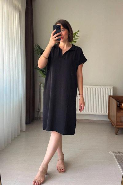 Kubos Moda Crna haljina s polo ovratnikom, opuštenog kroja, kratkih rukava i ...