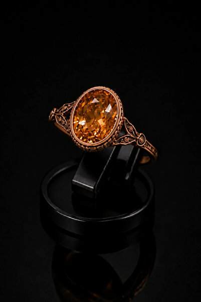 OSMANLI GÜMÜŞ Women's Copper Ring with Champagne Natural Stone Oval Model Cop...