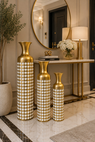 MİS KİTCHEN Monaco 3-Piece Metal Decorative Vase Set Gold White Floor Vase Mo...