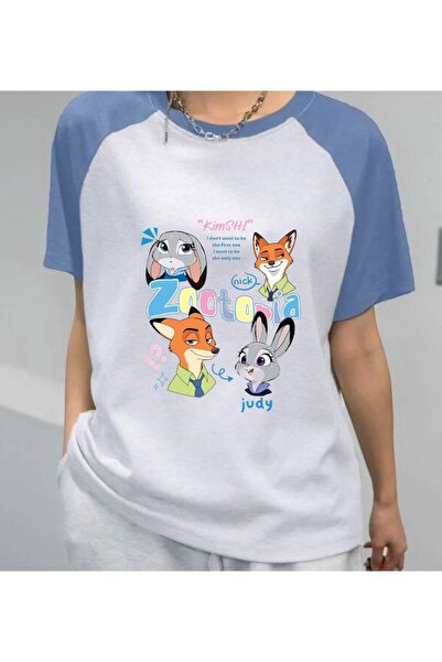 Minga London تي شيرت Zootopia Kimshi وJudy مطبوع باللون الأزرق بأكمام راجلان