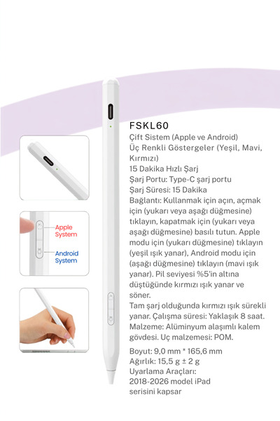 Fuchsia Aktif Kapasitif Tablet Kalemi 2in1 Android & iOS Uyumlu Manyetik Avuç İçi Reddetme Eğim Hassasiyetli Stylus Kalem