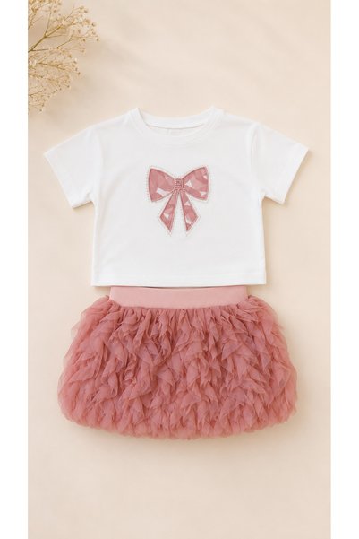 BENBİLGE Baby Girl Bow Detailed T-Shirt & Appliqued Balloon Skirt Two-Piece Set
