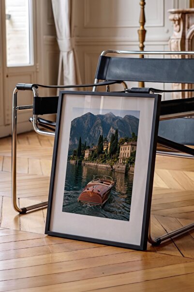 Postifull Lake and Boat Poster, Black Framed Poster, Old Money Series, No:113149