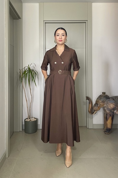 Butik Didem Sakinci Short Sleeve Long Dress with Gold Button and Belt Detail