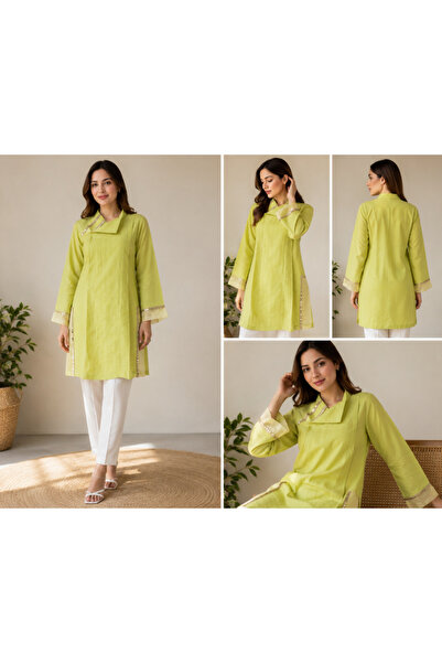Libas lab - Light Green Cotton Modest Shirt with Organza Detailing - Loose Fit