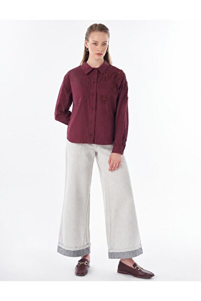 Kayra Embroidered Appliqué Cotton Shirt Burgundy