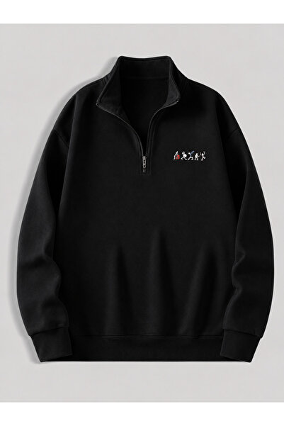 ZİYMO Men's Standing Collar Zippered Printed Oversized Sweatshirt