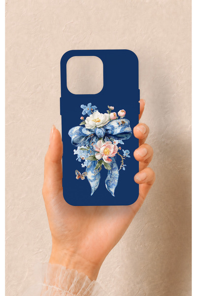 Vip Case iPhone 15 Pro Max Uyumlu Mavi Kurdeleli Çiçek Desenli Silikon Kılıf