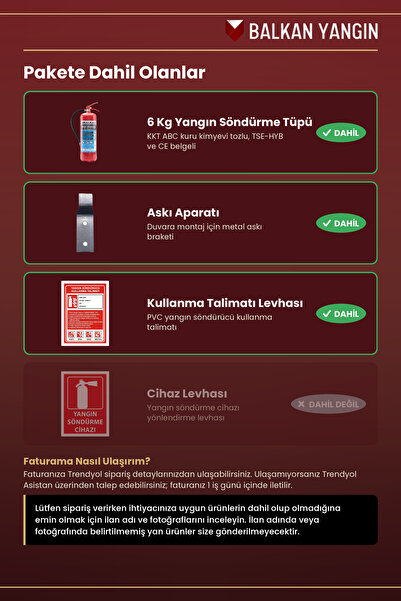 Balkan Ticaret Depo Yangın Tüpü 6 Kg Tozlu KKT ABC Askı Aparatı Talimat TSE HYB CE Belgeli