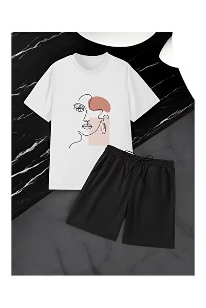 cto your style Women's Minimal Face Patterned Shorts Set 100% Cotton Short Sl...