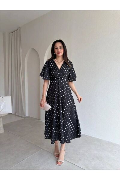 heree Women's Polka Dot Double Breasted Collar Midi Dress with Flounce Sleeve...