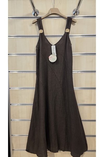 Park Moda Zero Sleeve Italian Linen Dress with Brooch Detail
