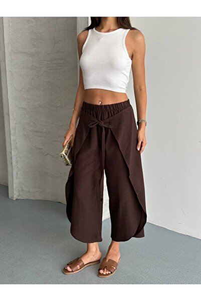 Butik Beyza Layered Look Wide-Legged Trousers with Tie-Up Detail