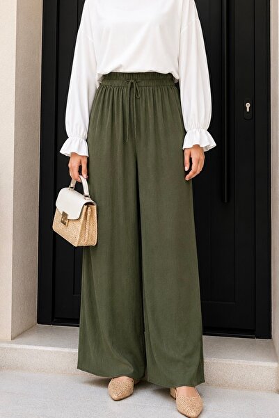 İmajButik Χακί παντελόνι με ελαστική μέση και φαρδιά μπατζάκια