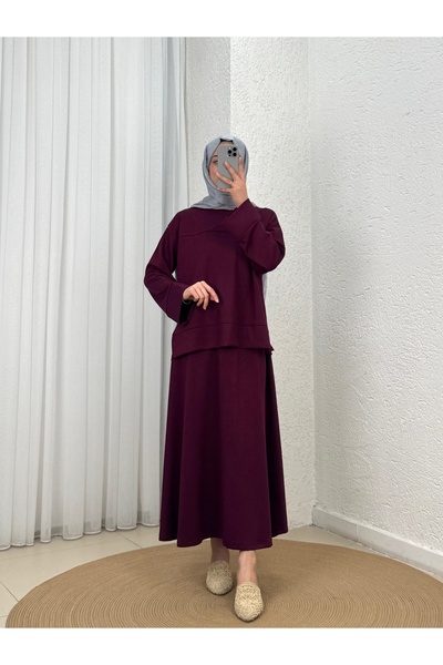 Holehola طقم تنورة أزيمي ريبانالي بفتحات جانبية - MF1892 بلون البرقوق