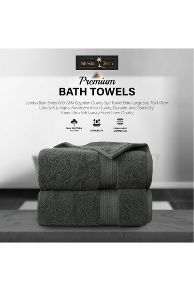 Siesta Zen Premium 100% Egyptian Cotton Bath Towel 70x140cm, Super Soft & Absorbent Towels, 600 GSM, Luxury Spa Hotel Quality, Quick Dry, Fade Resistant (Pack of 2)