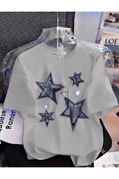 KOZAİ OUTDOORS Women's Oversize Crew Neck / Chain 4 Star Printed Combed Cotto...