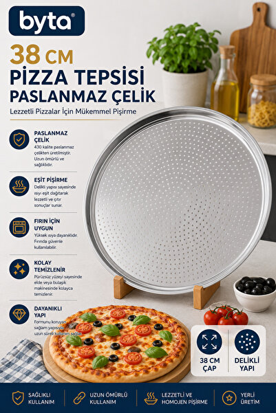 BYTA 38cm Stainless Steel Perforated Pizza Tray Round Baking Tray Crispy Base...