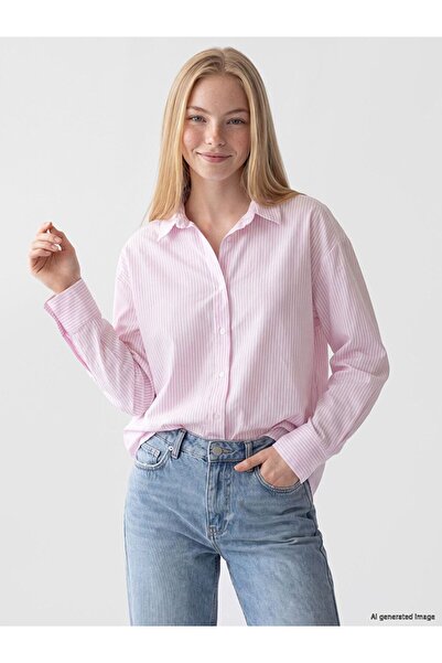 LC Waikiki Xside Pink Striped Oversize Oxford Women's Shirt