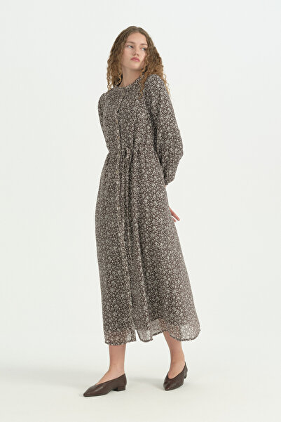 Nihan Front Buttoned Tiny Floral Patterned Lyocell Dress - Brown