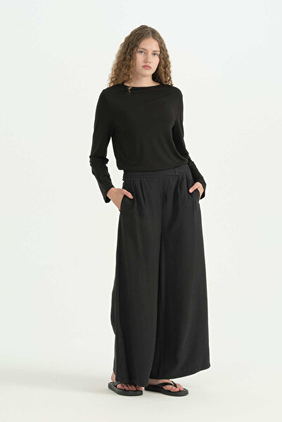 Nihan Asymmetrical Closure Wide Leg Modal Trousers - Black