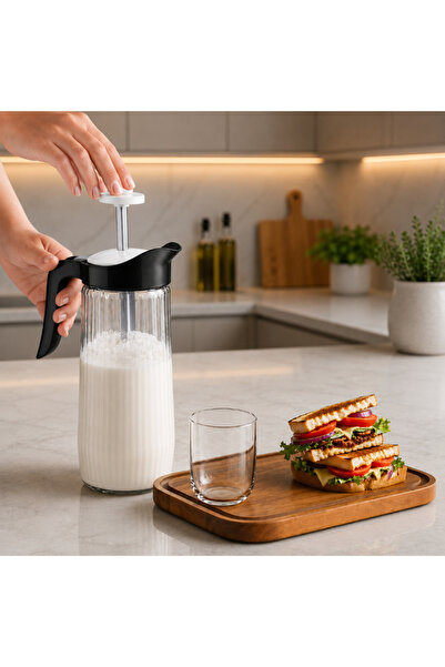 abenim 1500 cc Siyah Kapaklı Cam Ayran Karıştırma Sürahisi (yedek kapaklı)