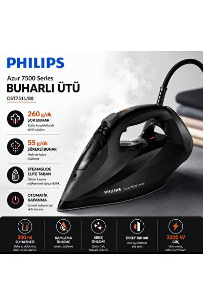 Philips 7500 Serisi Azur Buharlı Ütü, 3200W, 260 g'a kadar Turbo Şok Buhar, D...