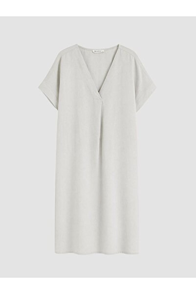 LC Waikiki Lcw Everyday Gray V-Neck 100% Linen Dress