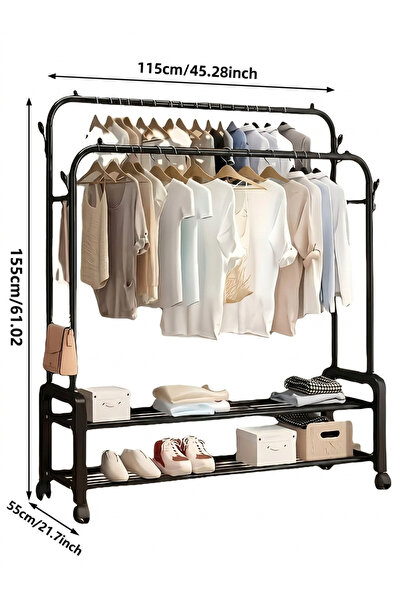 FWM 3-in-1 Double Rod Garment Rack (155cm x 55cm x 115cm) - Heavy Duty Metal ...