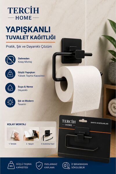 Tercih Home Square Adhesive Black Open Toilet Paper Holder Wc Paper Holder Us...