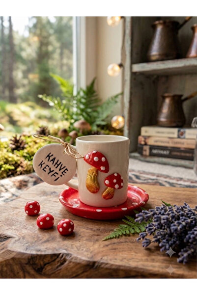 Dekor köşesi Handmade Mushroom Figured Coffee Cup and Coaster Set - Coffee En...