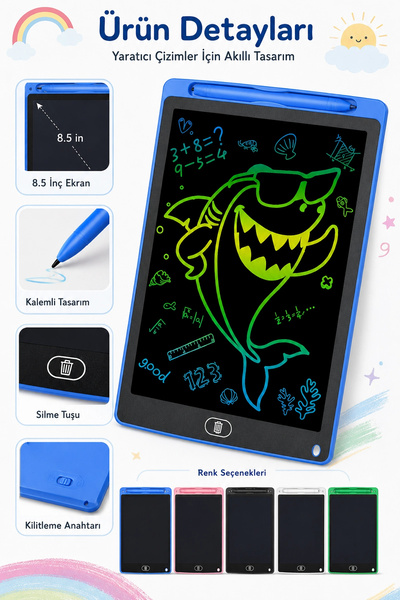 Tilbe Home Büyük Boy LCD Çocuk Yazı Tahtası Dijital Çizim Tableti Kalemli Silinebilir 8.5′ Oyuncak Not Defteri