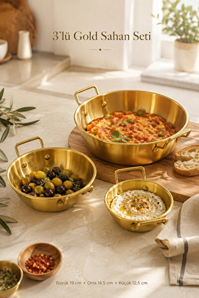 Tilbe Home 3lü Gold Metal Çift Kulplu Sahan Tava Seti Kahvaltılık Meze Meneme...