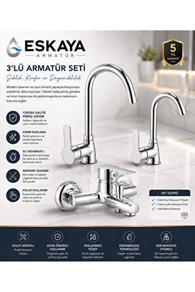 ESHOME ESKAYA KROM Eviye mutfak lavabo —BANYO Bataryası 3 lü set
