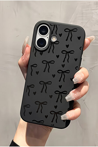 KVK PRİVACY iPhone 16 Uyumlu Siyah Fiyonk Desenli Kadifemsi Soft Touch Siliko...